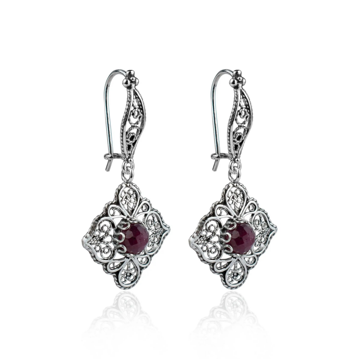 Sterling Silver Filigree with Ruby Dangle Earrings