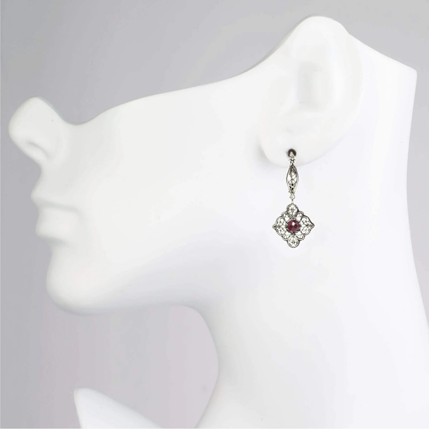 Sterling Silver Filigree with Ruby Dangle Earrings