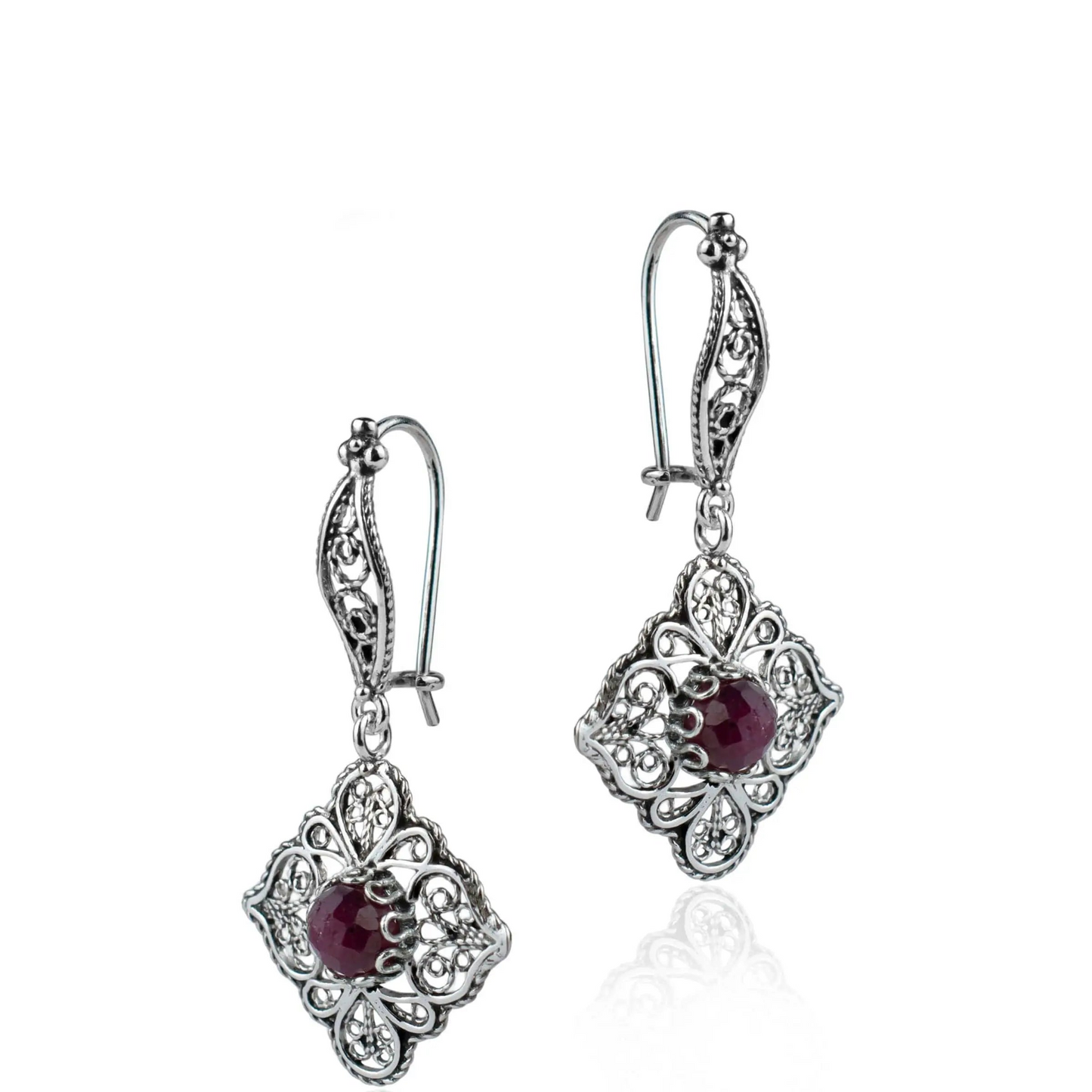 Sterling Silver Filigree with Ruby Dangle Earrings