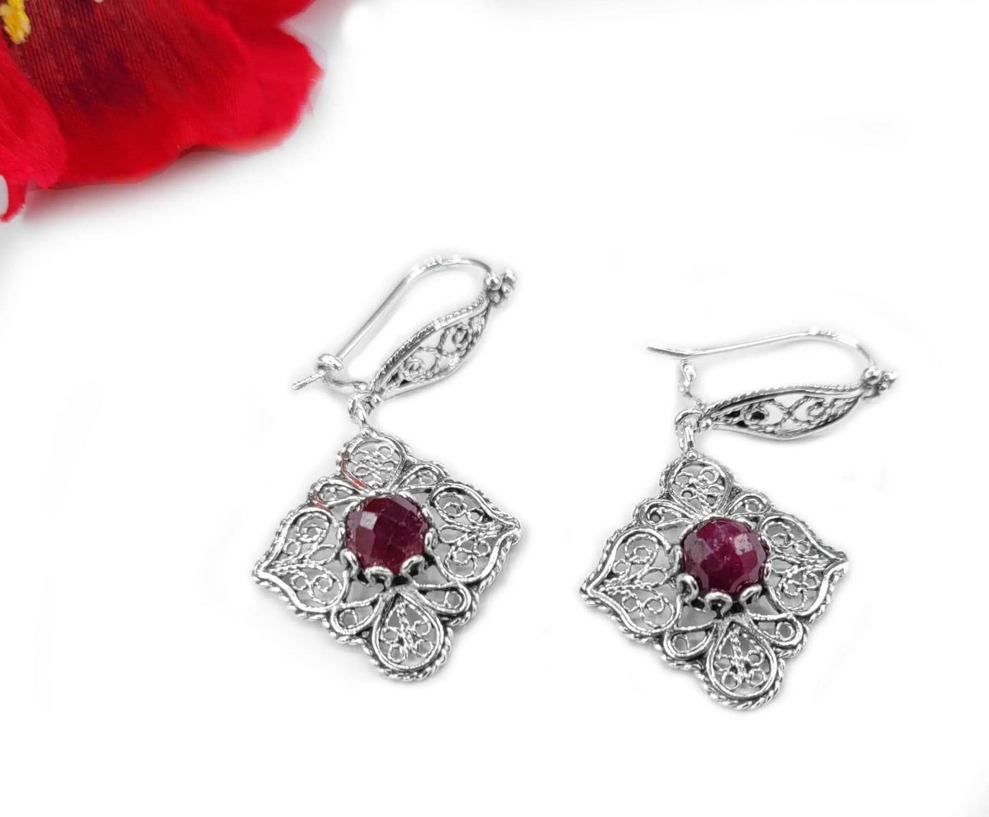 Sterling Silver Filigree with Ruby Dangle Earrings